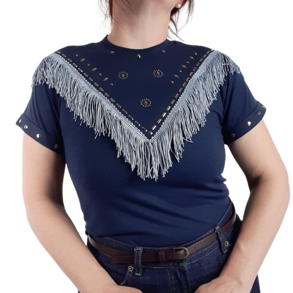 Vintage 80s Craft Art Creation Tee Fringe Sequin S badass Texan southwest